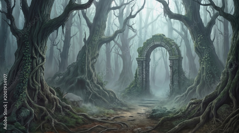 Obraz premium Gnarled trees framing a mossy stone archway in a foggy fantasy woodland. Overgrown ruins of a portal located deep within a haunted forest.