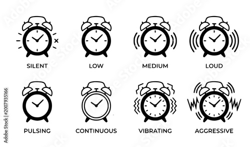 Photos Minimal alarm clock icon set ringing sound variations time vector illustration i
