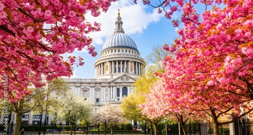 Spring in London, United Kingdom, with colorful cherry tree blossoms in front of the St. Pauls Cathedrale
