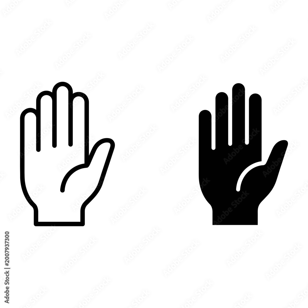Obraz premium 2 Hand icons palm stop gesture, outline solid styles, UI and web interface design