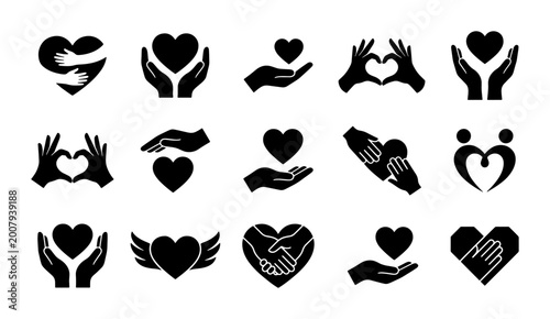 Bild auf Leinwand Heart and Hand Icons Set: Love, Care, Support, Charity, Kindness, Partnership, H