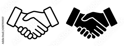 Handshake Icons: Agreement, Partnership, and Trust Symbols. Two simple graphic representations of hands clasped, one outlined, one solid black, ideal for business concepts.