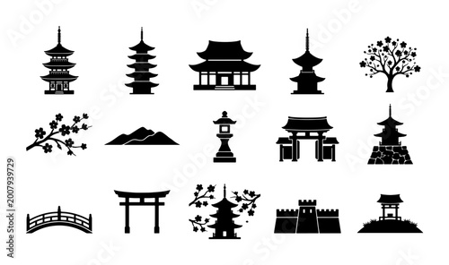 Obraz na płótnie Japanese Architecture and Nature Icons Set: Pagodas, Torii Gates, Temples, Cherr
