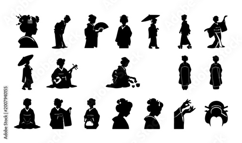 Canvastavla Japanese Geisha Silhouettes Collection: Traditional Kimono Figures, Elegant Pose