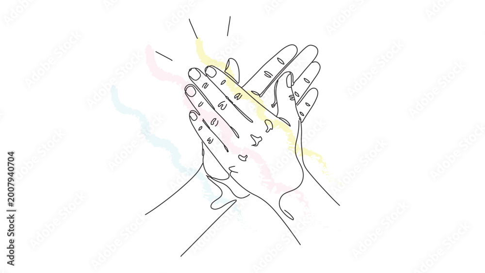 Obraz premium Continuous line drawing of two pairs of hands clapping together as expression of joy applause celebration or support isolated on white.