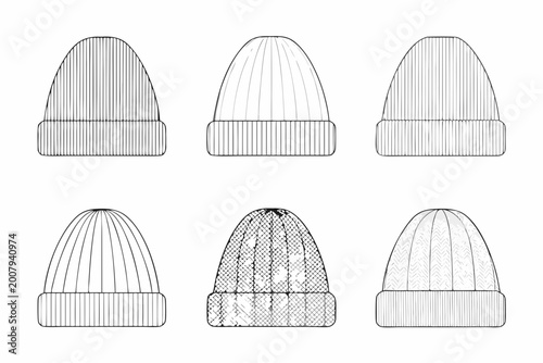 Foto Collection of knit beanie hats line art style on white background