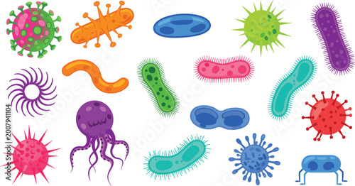 Fotografie Colorful bacteria and virus collection vector set with cartoon microbes germs an