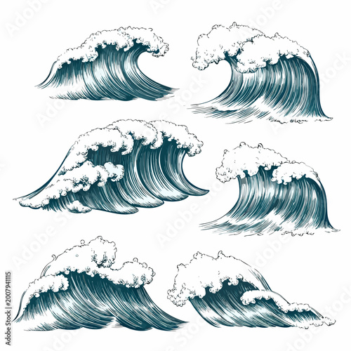 Fotografie Hand drawn ocean waves collection nautical style on white background