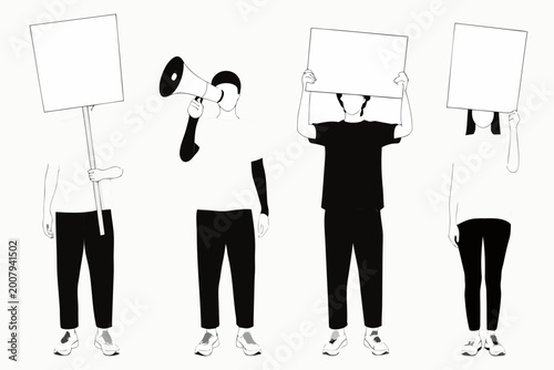 Photos protest group silhouettes with signs and megaphone monochrome style