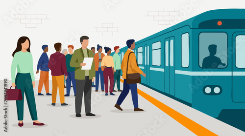 Diverse people waiting and boarding a subway train at a station platform