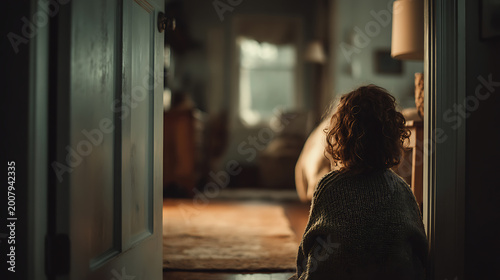 Lonely child sitting in doorway at home, symbolizing childhood anxiety, emotional neglect, mental health struggles, sadness, isolation, trauma, and vulnerable psychological wellbeing
