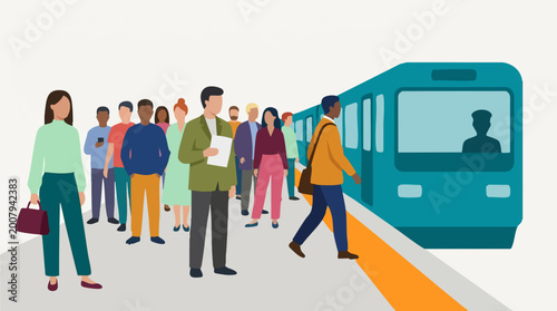 Diverse commuters on a train platform waiting for public transport