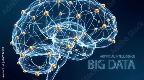 Artificial Intelligence Gold Neural Network with Connected Nodes