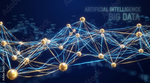 Artificial Intelligence Gold Neural Network with Connected Nodes