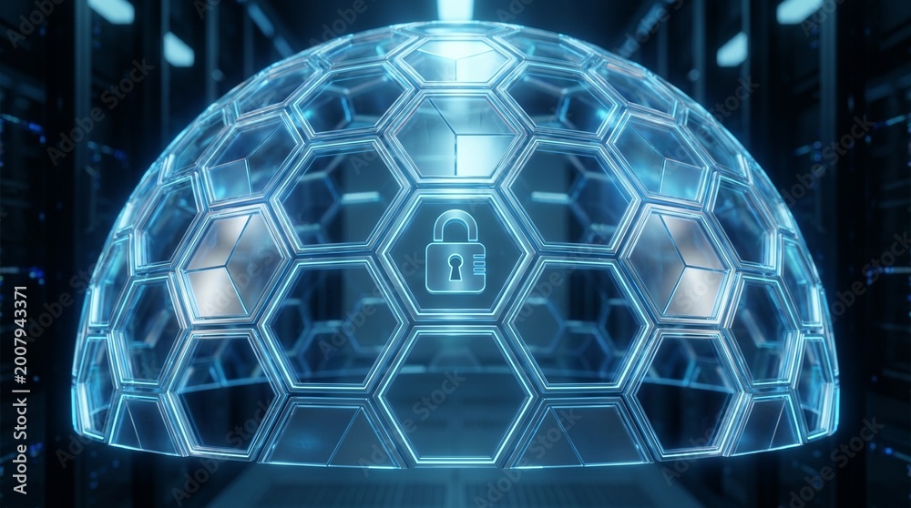 Naklejka premium Digital Cybersecurity Shield with Glowing Hexagonal Geometric Pattern