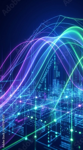 Abstract 5G Signal Waves Visualization Over Digital City Grid
