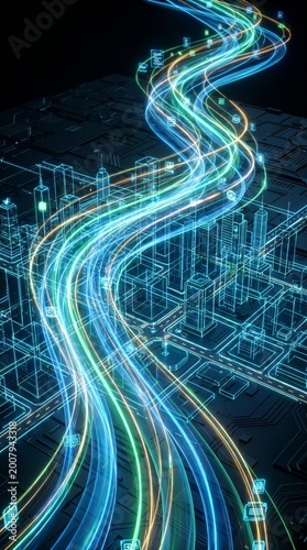 Abstract 5G Signal Waves Visualization Over Digital City Grid