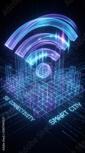 Abstract 5G Signal Waves Visualization Over Digital City Grid