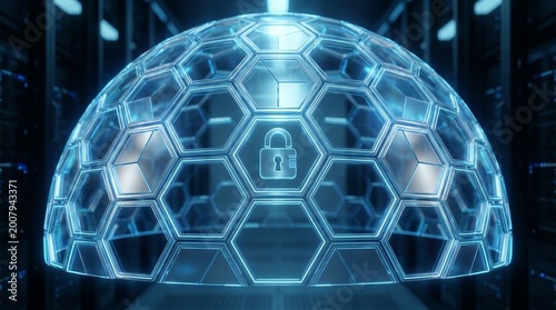 Digital Cybersecurity Shield with Glowing Hexagonal Geometric Pattern