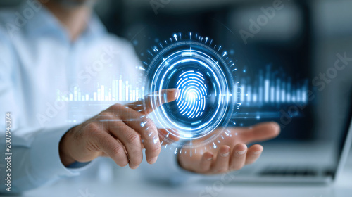 Fingerprint authentication concept with hands interacting with digital biometric scanner and data visualization