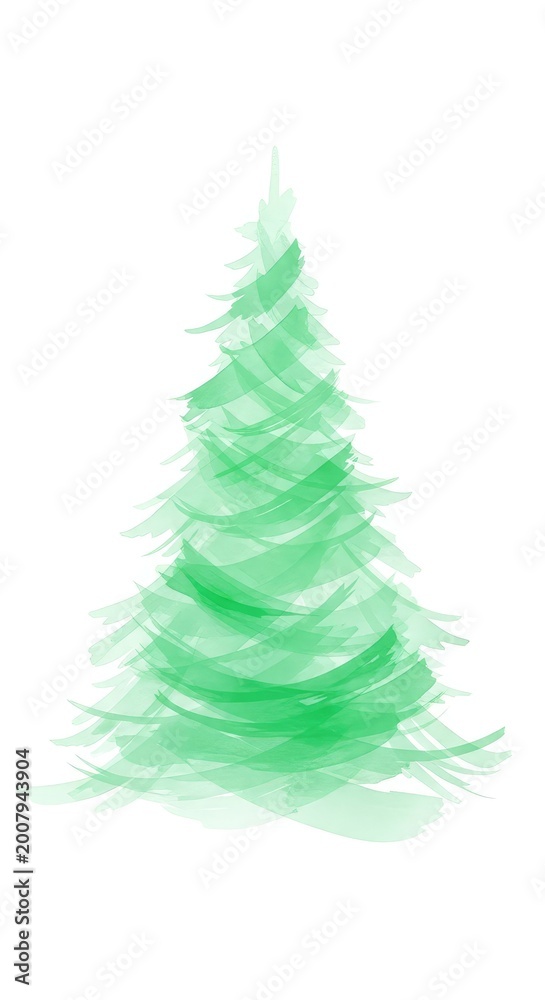 Obraz premium An ethereal watercolor illustration of a minimalist Christmas tree showcases soft pastel green hues, light brushstrokes, and a calm spirit, artistic style, hand-painted, minimalist
