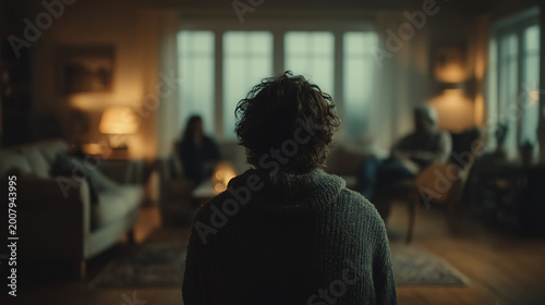 Powerful concept of social anxiety, emotional isolation and mental health struggles, portraying a lone individual facing blurred surroundings, symbolizing fear, stress and inner turmoil