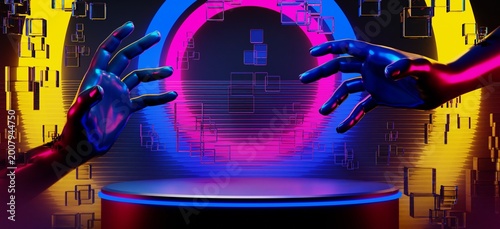abstract backgound video game of scifi gaming cyberpunk, vr virtual reality simulation and metaverse, scene stand pedestal stage, 3d illustration rendering, futuristic neon glow room