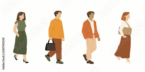 four people walking flat color vector illustration on white background