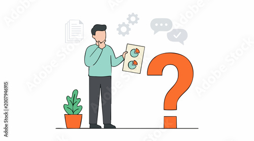 Photos Man analyzing data and contemplating decisions with a large question mark