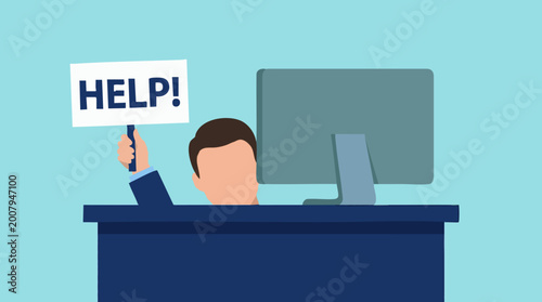 Schilderij op canvas Business person holding 'HELP!' sign at desk with computer