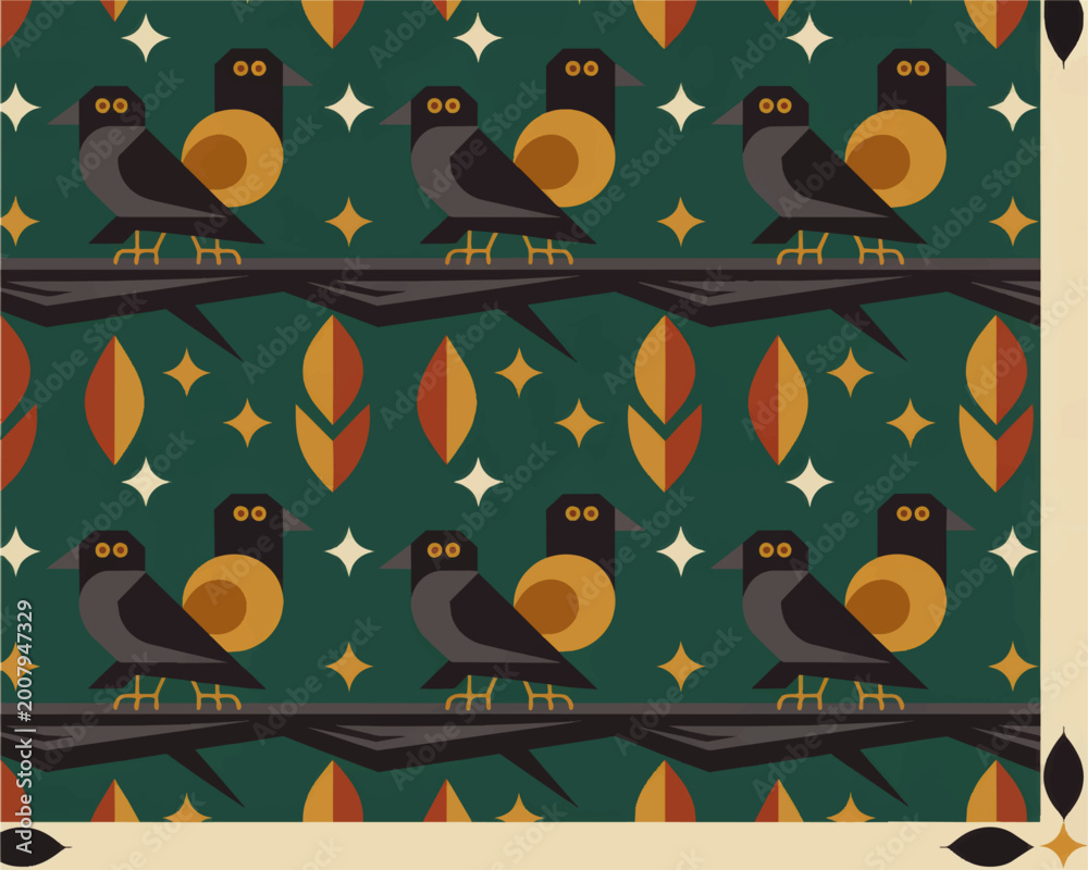 Naklejka premium Retro geometric bird pattern with black crows on branches, autumn leaves and stars on teal background, seamless folk art illustration