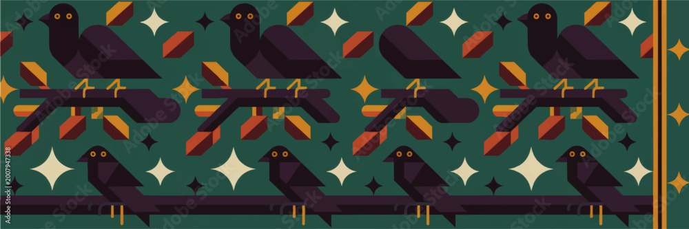 Fototapeta premium Geometric crow pattern on branches with abstract stars, seamless vector bird illustration on teal background for modern design