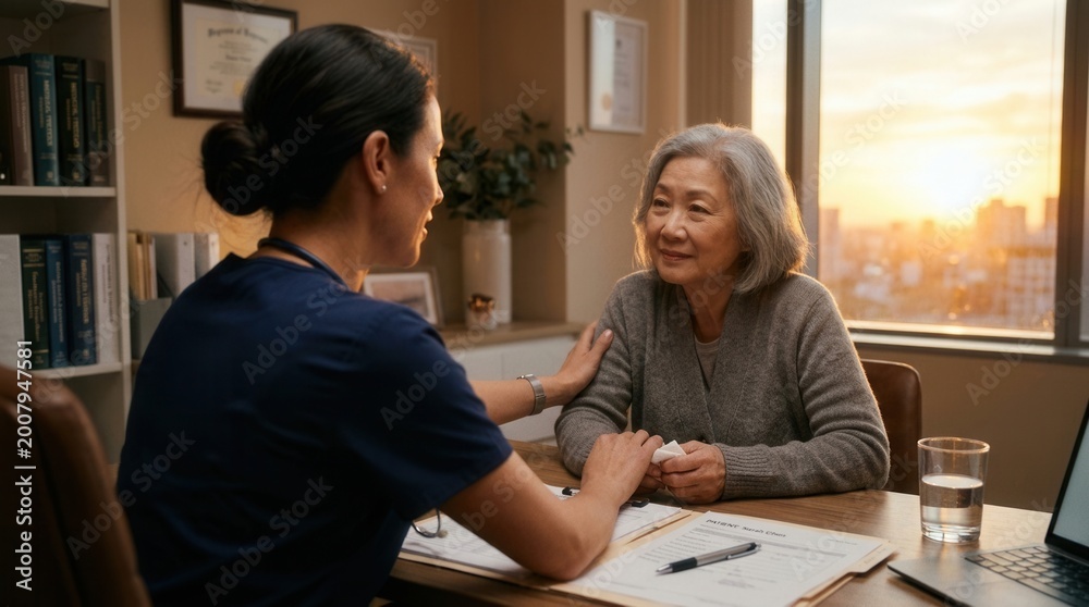 Fototapeta premium Compassionate Doctor Comforts Patient During Medical Consultation In A Calm Setting
