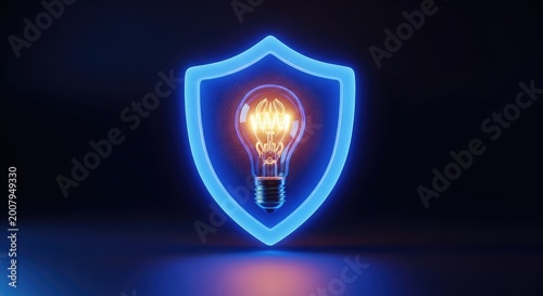 Glowing blue shield icon protecting a bright lightbulb filament, representing secure digital privacy solutions and innovative data safety, abstract, neon, private