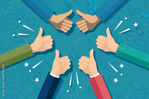 Diverse hands giving thumbs up vector illustration with celebratory elements