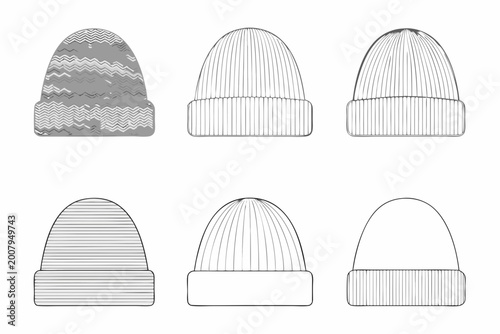 knit beanie hat collection line art style set on white background