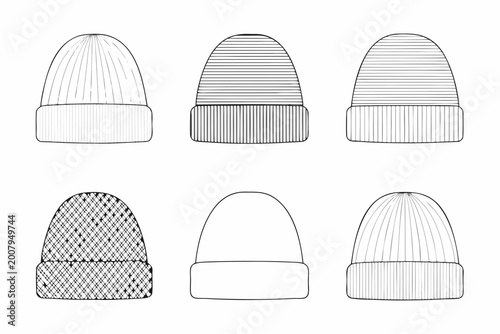 Photos Line art set of six knit beanies on a white background