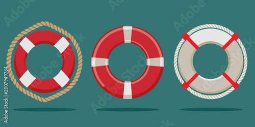life preserver icons red and white nautical safety rings on teal