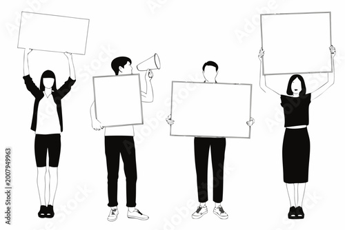 Photos protest group silhouettes with signs and megaphone monochrome