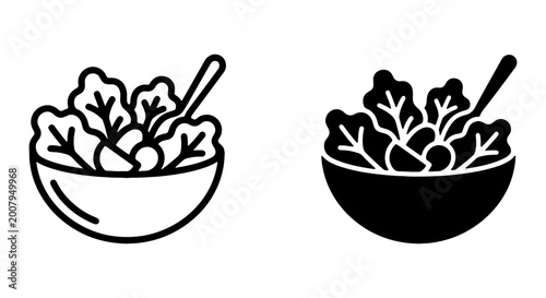 Salad bowl icons, vegetable bowls, black and white, line style, food illustrations