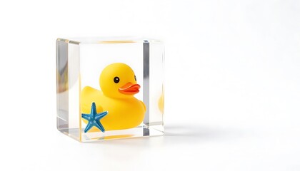 Yellow rubber duck encased in clear block with starfish accent  