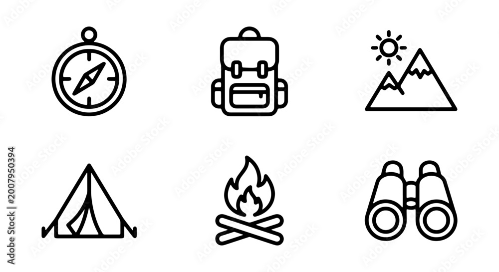 Fototapeta premium Outdoor adventure icons, hiking travel symbols, camping exploration graphics, wilderness navigation