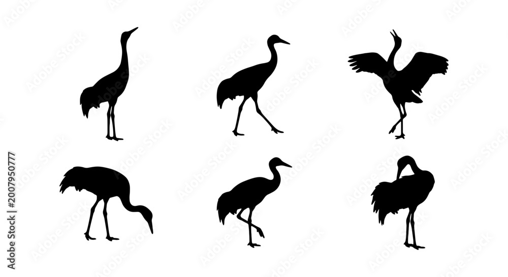 Obraz premium Crane silhouettes, bird icons, black cranes, vector graphics, wildlife illustrations