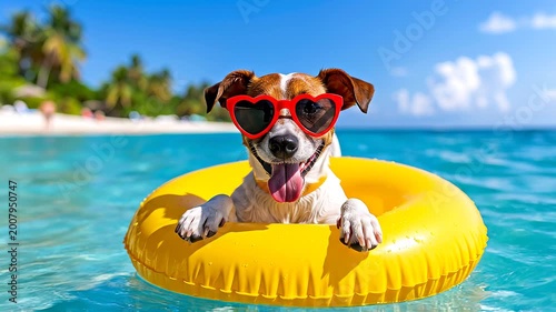 Puppy in the ocean on a floater, mp4 video. AI