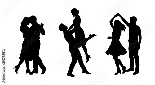 Foto Dancing couples, romantic silhouettes, black icons, people illustrations, vector
