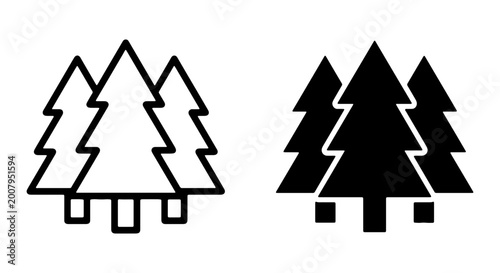 Canvastavla Evergreen tree icons, black and white, line art, forestry symbols, tree set