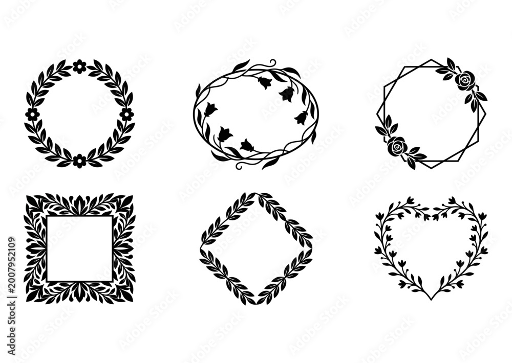 Fototapeta premium 6 Floral Wreath icons heart laurel frame, outline solid styles, UI and web interface design