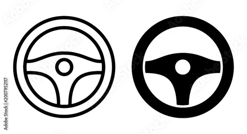 Steering wheel icons, car wheel symbols, vehicle steering wheels, black and white