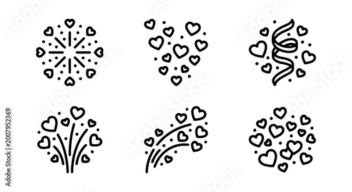 Fotografía Black heart icons, heartburst designs, love symbols, 6 heart graphics