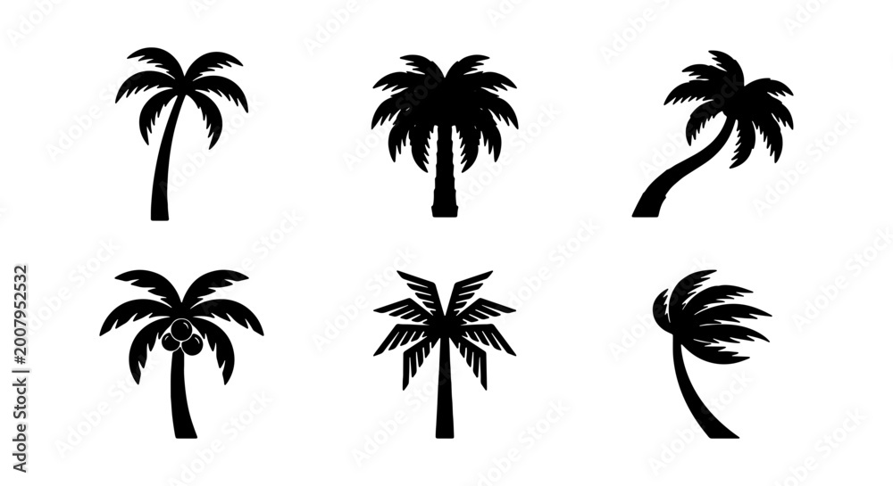 Fototapeta premium Black palm tree icons, tropical silhouettes, palm trees set, vector graphics